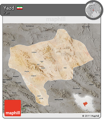 Satellite 3D Map of Yazd, darken, semi-desaturated