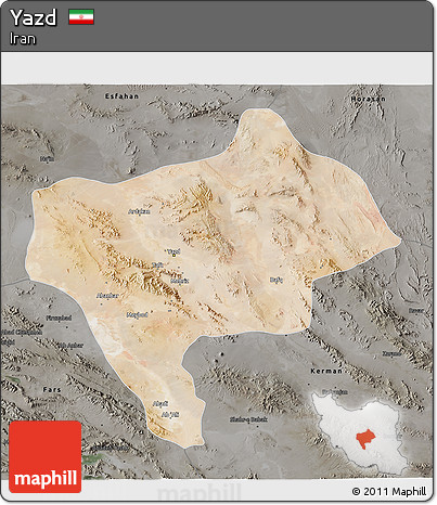 Satellite 3D Map of Yazd, darken, semi-desaturated