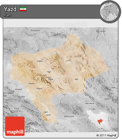Satellite 3D Map of Yazd, desaturated