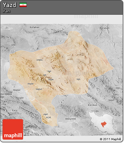 Satellite 3D Map of Yazd, desaturated
