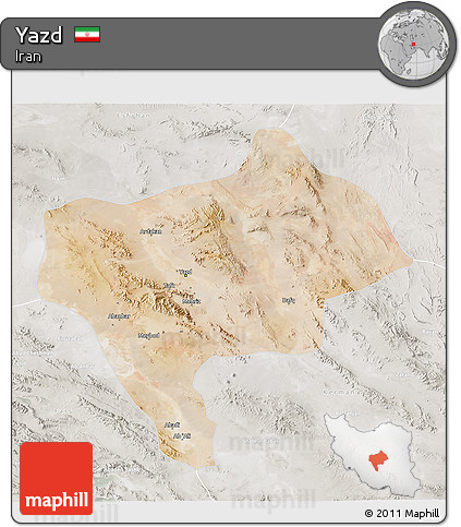 Satellite 3D Map of Yazd, lighten, semi-desaturated