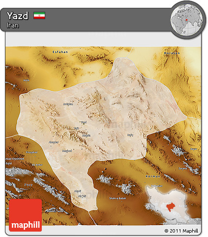Satellite 3D Map of Yazd, physical outside