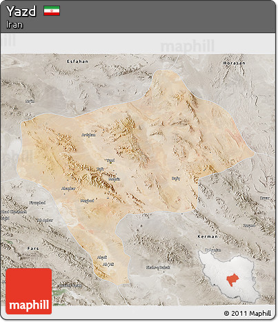 Satellite 3D Map of Yazd, semi-desaturated