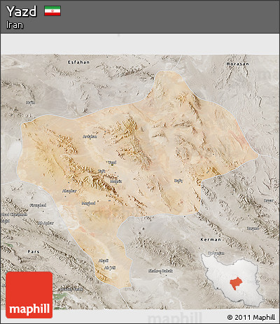 Satellite 3D Map of Yazd, semi-desaturated