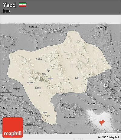 Shaded Relief 3D Map of Yazd, darken, desaturated