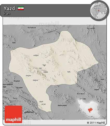 Shaded Relief 3D Map of Yazd, darken, desaturated
