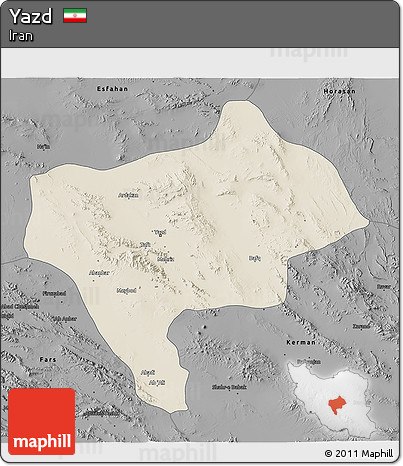 Shaded Relief 3D Map of Yazd, darken, desaturated