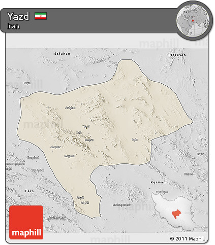 Shaded Relief 3D Map of Yazd, desaturated