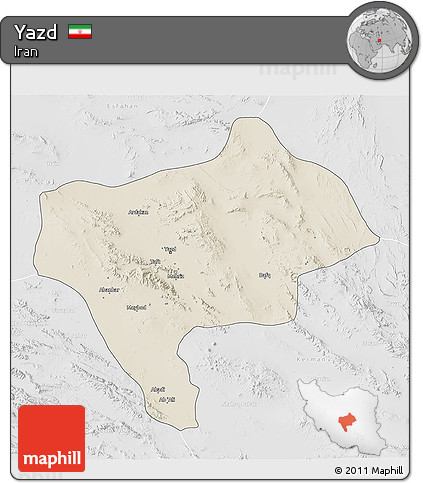 Shaded Relief 3D Map of Yazd, lighten, desaturated