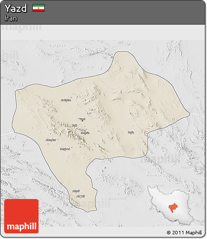 Shaded Relief 3D Map of Yazd, lighten, desaturated