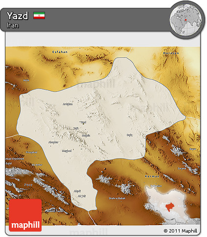 Shaded Relief 3D Map of Yazd, physical outside