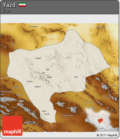Shaded Relief 3D Map of Yazd, physical outside