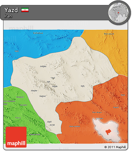 Shaded Relief 3D Map of Yazd, political outside