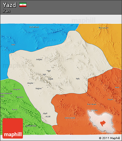 Shaded Relief 3D Map of Yazd, political outside
