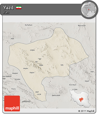 Shaded Relief 3D Map of Yazd, semi-desaturated