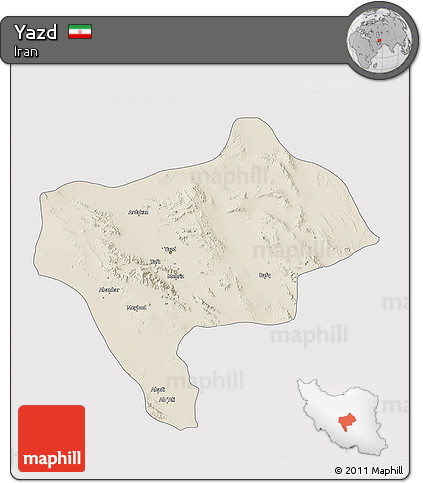 Shaded Relief 3D Map of Yazd, single color outside