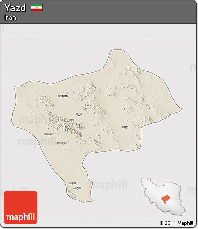 Shaded Relief 3D Map of Yazd, single color outside