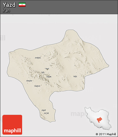 Shaded Relief 3D Map of Yazd, single color outside