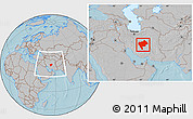 Gray Location Map of Yazd, within the entire country, hill shading