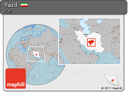 Gray Location Map of Yazd, highlighted country, within the entire country, hill shading