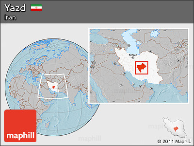 Gray Location Map of Yazd, highlighted country, within the entire country, hill shading