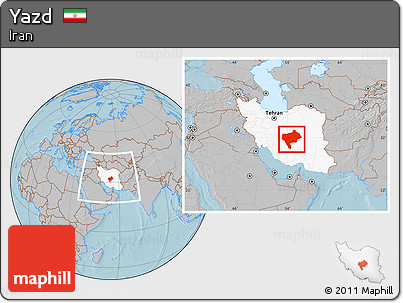 Gray Location Map of Yazd, highlighted country, within the entire country, hill shading