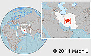 Gray Location Map of Yazd, highlighted country, within the entire country, hill shading