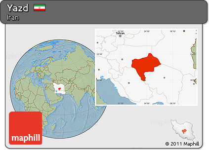 Savanna Style Location Map of Yazd, highlighted country, hill shading