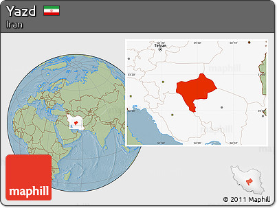 Savanna Style Location Map of Yazd, highlighted country, hill shading