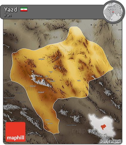 Physical Map of Yazd, darken, semi-desaturated