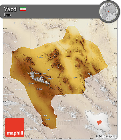 Physical Map of Yazd, lighten