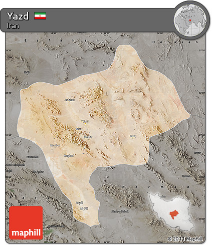 Satellite Map of Yazd, darken, semi-desaturated