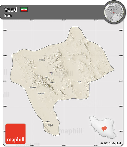 Shaded Relief Map of Yazd, cropped outside