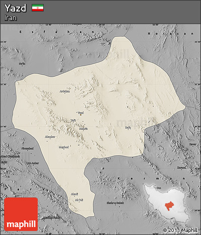 Shaded Relief Map of Yazd, darken, desaturated