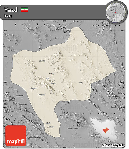 Shaded Relief Map of Yazd, darken, desaturated