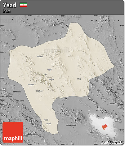 Shaded Relief Map of Yazd, darken, desaturated