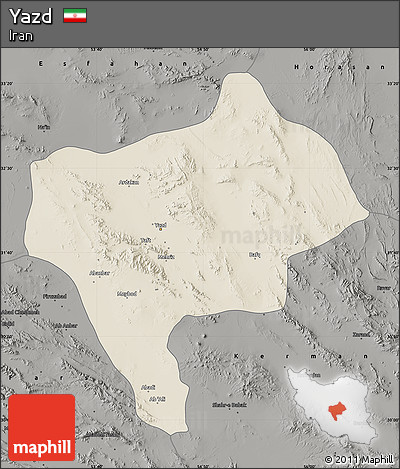 Shaded Relief Map of Yazd, darken, semi-desaturated