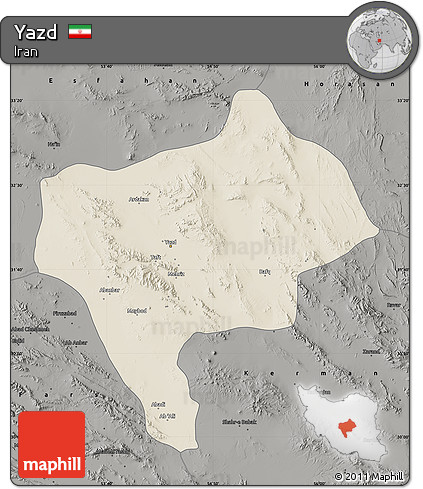 Shaded Relief Map of Yazd, darken, semi-desaturated