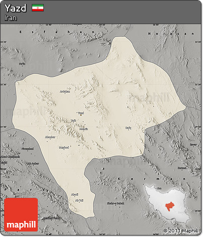 Shaded Relief Map of Yazd, darken, semi-desaturated