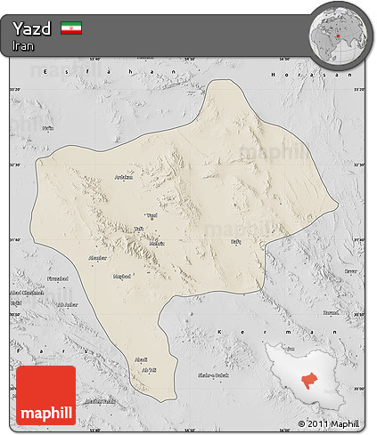 Shaded Relief Map of Yazd, desaturated