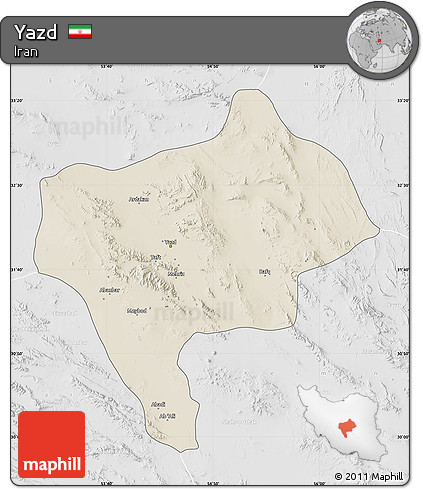 Shaded Relief Map of Yazd, lighten, desaturated