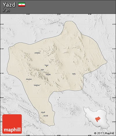Shaded Relief Map of Yazd, lighten, desaturated