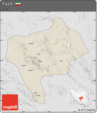 Shaded Relief Map of Yazd, lighten, desaturated