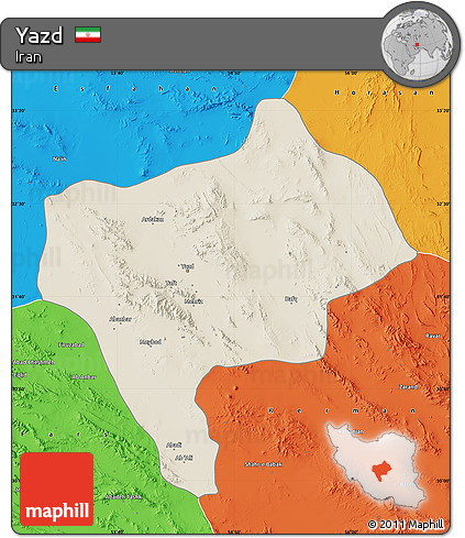 Shaded Relief Map of Yazd, political outside