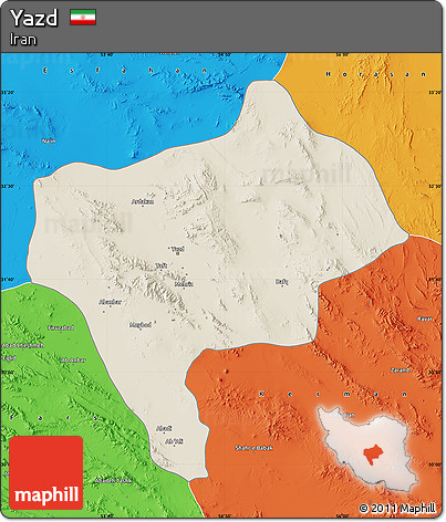 Shaded Relief Map of Yazd, political outside