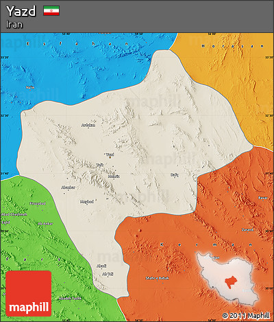 Shaded Relief Map of Yazd, political outside