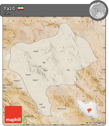 Shaded Relief Map of Yazd, satellite outside