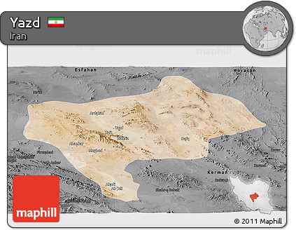 Satellite Panoramic Map of Yazd, darken, desaturated