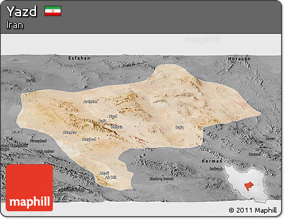 Satellite Panoramic Map of Yazd, darken, desaturated