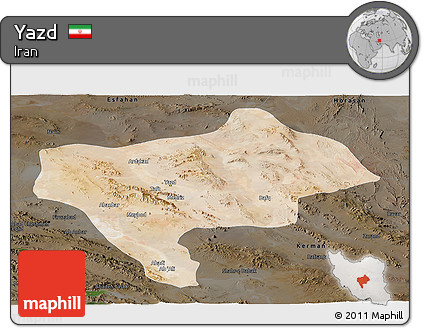 Satellite Panoramic Map of Yazd, darken